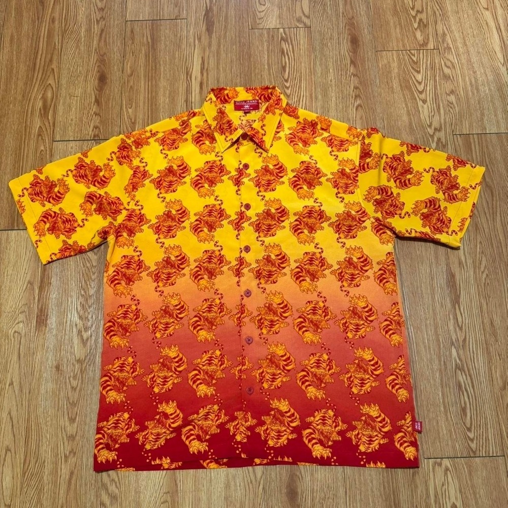 JNCO Men's Button Up Shirt Flaming Tiger Y2K Skater Grunge 2000s Orange Size XL